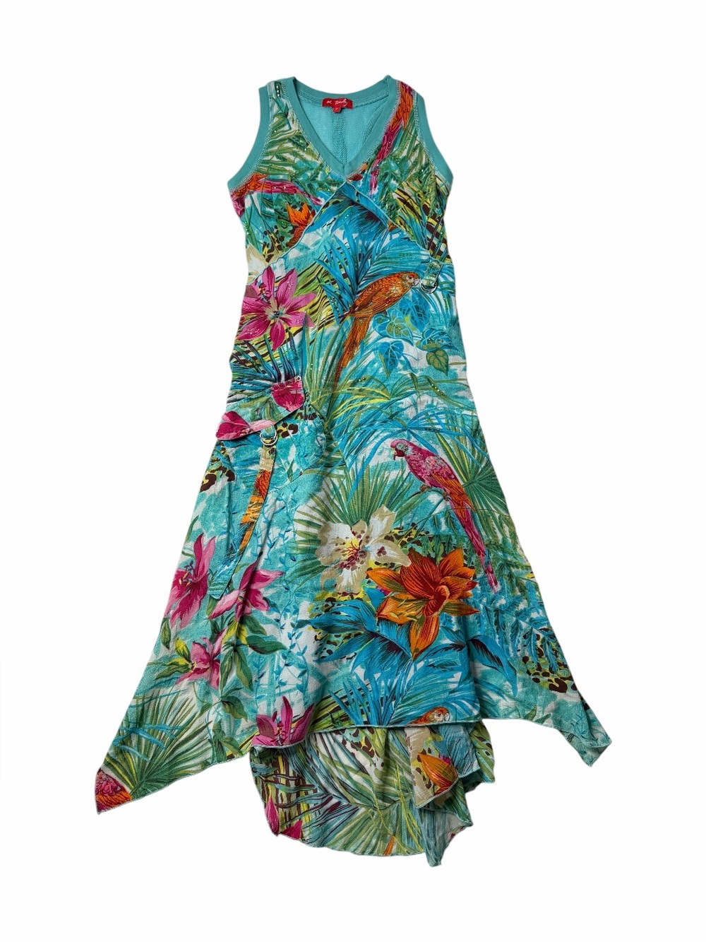 René Derhy Tropical Parrot Print Maxi Dress Size S Asymmetric Hem Y2K
